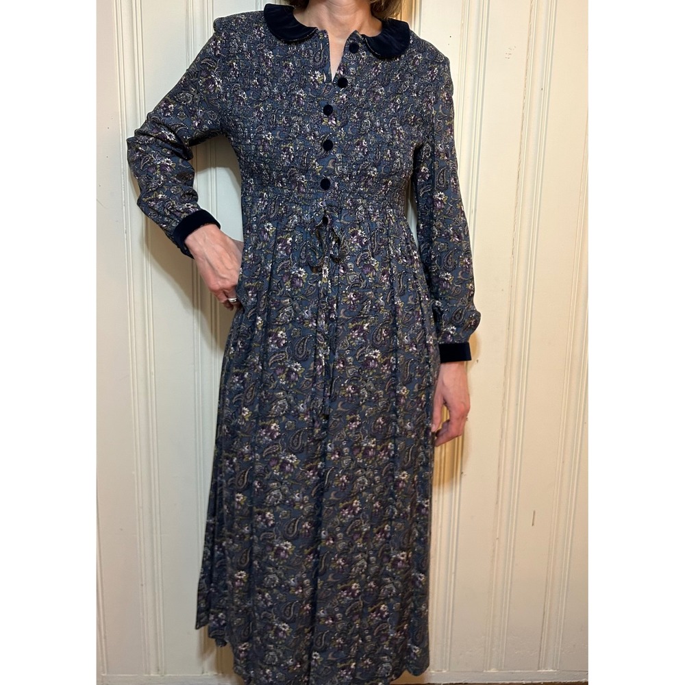 VTG Karin Stevens 90s Dark Floral Maxi Dress Velvet Poet Modest Cottage 8